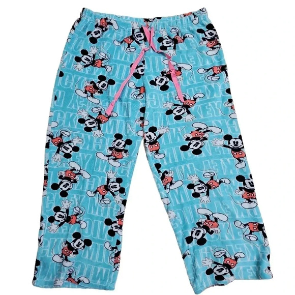 Disney Store Women’s Large Mickey Mouse Lounge Pants Blue Pink Drawstring Pajama - Picture 1 of 4